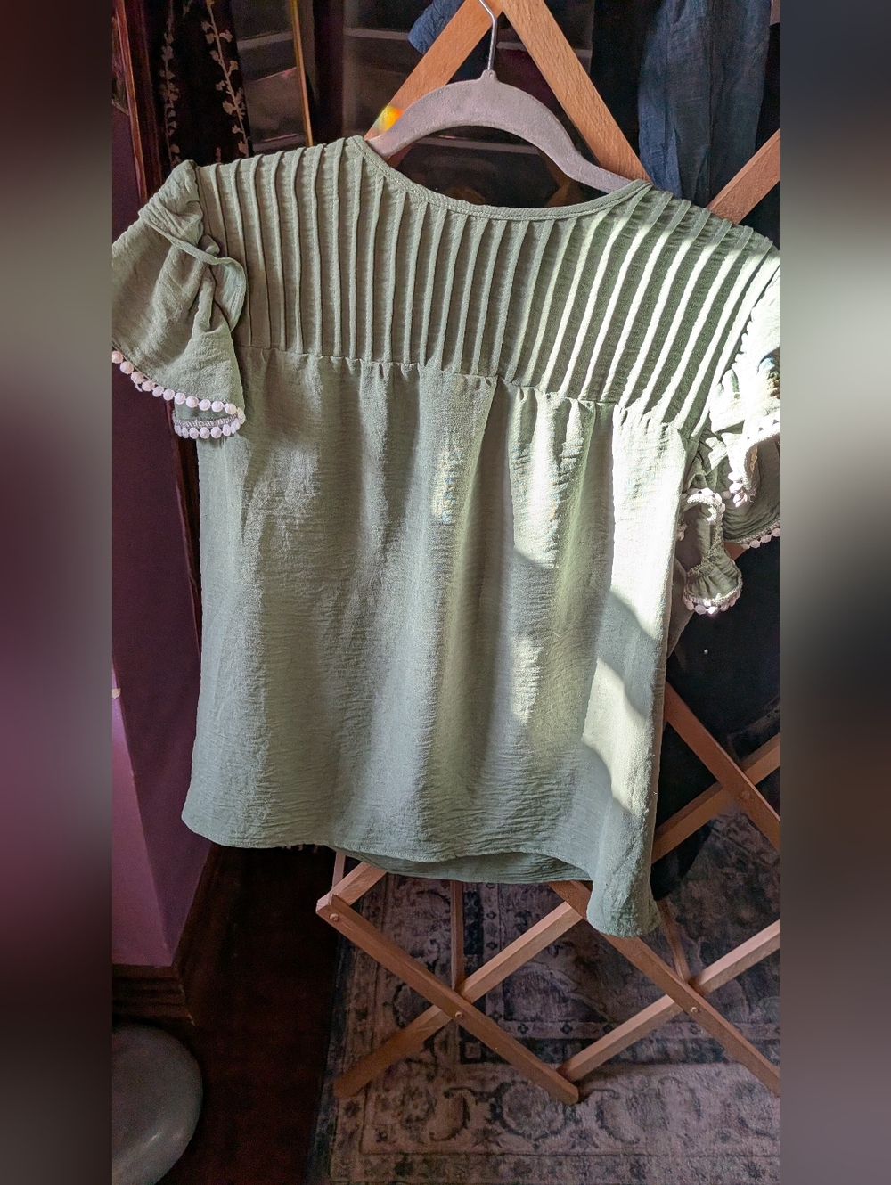 Women’s Sage Green Pintuck Flutter Sleeve Blouse with Pom Trim